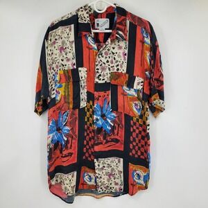 Vintage Goouch Silk Abstract Art Print Short Sleeve Button Down Shirt Men Medium